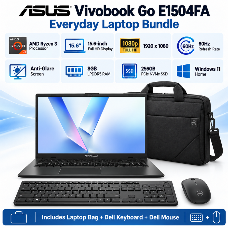 ASUS Vivobook Go 15 Ryzen 3 Laptop Bundle with Accessories