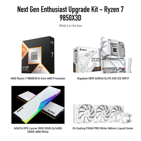 Enthusiast Upgrade Kit: Ryzen 7 9850X3D, Gigabyte X870 AORUS ELITE X3D ICE, ADATA XPG Lancer RGB 32GB White, ID-Cooling FX360 PRO White (kit contents; supplier product photos)