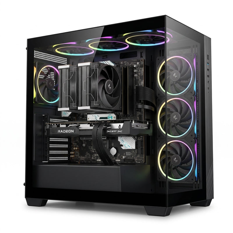 Illustration of this build: XFX Swift RX 9060 XT, Ryzen 5 7600 with DeepCool AK620 G2 cooler, 32GB DDR5 in a black DeepCool CG330 case (computer-generated, not a photo of the actual unit)