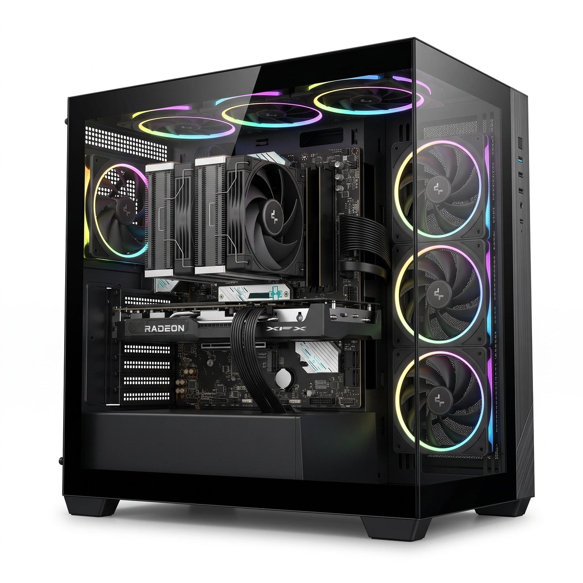 Illustration of this build: XFX Swift RX 9060 XT, Ryzen 5 7600 with DeepCool AK620 G2 cooler, 32GB DDR5 in a black DeepCool CG330 case (computer-generated, not a photo of the actual unit)