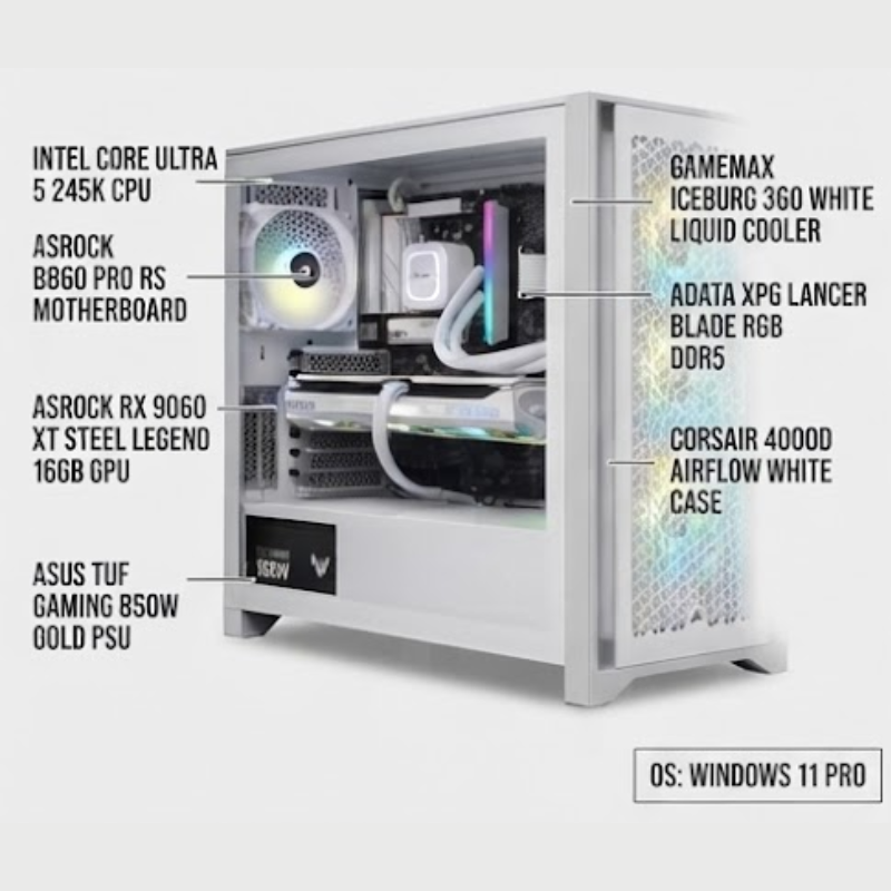 pre-built gaming pc all white - ultra core 5 - RX 9060 XT - 32 gb ddr5