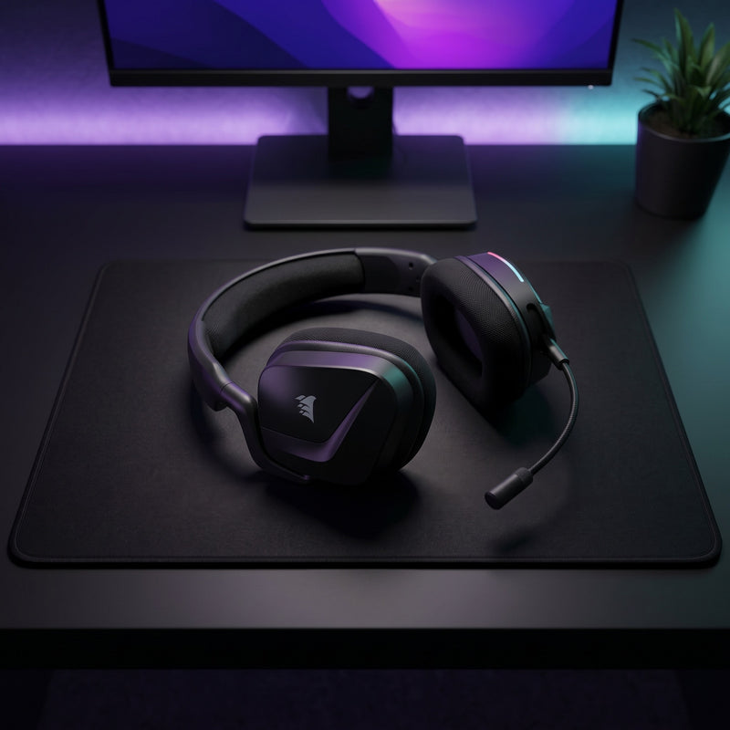 Lifestyle: Corsair VOID Wireless v2 Gaming Headset | 2.4GHz + Bluetooth | 50mm Drivers | Up to 70-Hour Battery | PC, PS5, Mobile | Carbon on a desk (illustrative image; the first photo shows the actual product)