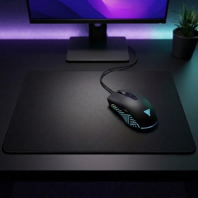 Lifestyle: Gamdias ZEUS E4 RGB Optical Gaming Mouse on a desk (illustrative image; the first photo shows the actual product)