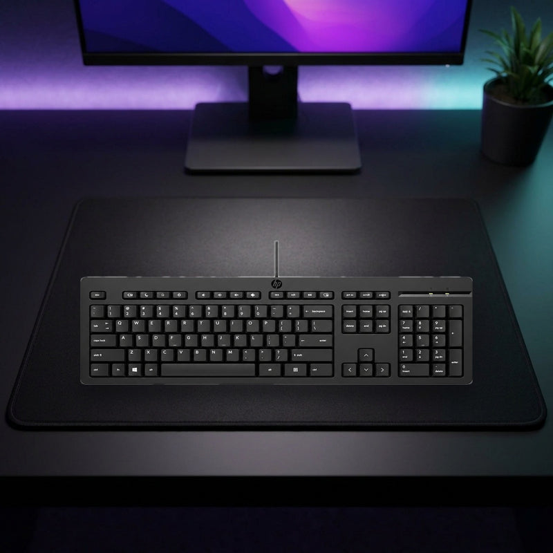 Lifestyle: HP 125 G2 USB Wired Full-Size Business Keyboard – European Layout shown on a styled desk (actual product photo, room is illustrative)