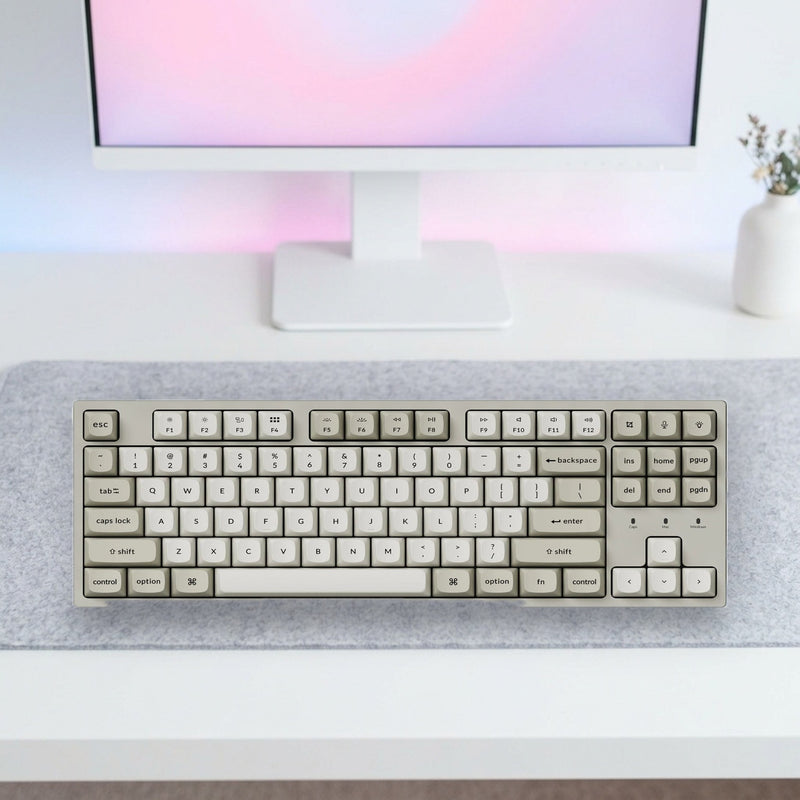 Lifestyle: Keychron C1 Pro 8K TKL Wired Mechanical Keyboard | 8000Hz | Hot-Swappable Super Red Switches | QMK/VIA | RGB | White/Grey shown on a styled desk (actual product photo, room is illustrative)