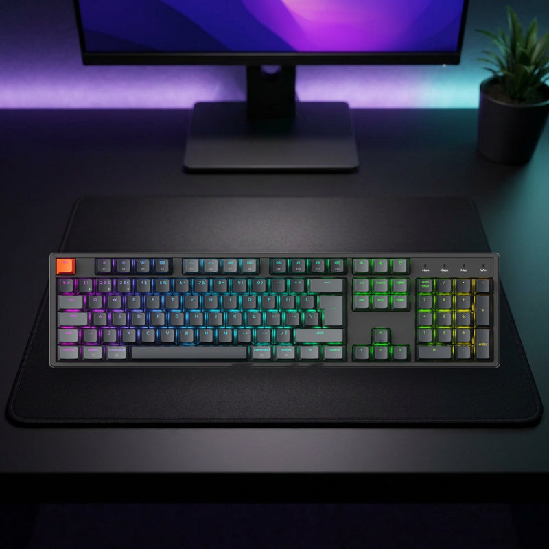 Lifestyle: Keychron K10 QMK V2 Full-Size Wireless Mechanical Keyboard | Bluetooth + USB-C | Hot-Swappable Super Red Switches | RGB | Black shown on a styled desk (actual product photo, room is illustrative)