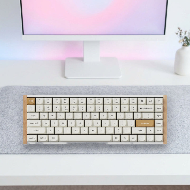 Lifestyle: Keychron K2 HE Special Edition 75% Wireless Magnetic Keyboard | Hall Effect Nebula Switches | Rapid Trigger | Aluminium & Rosewood | White shown on a styled desk (actual product photo, room is illustrative)