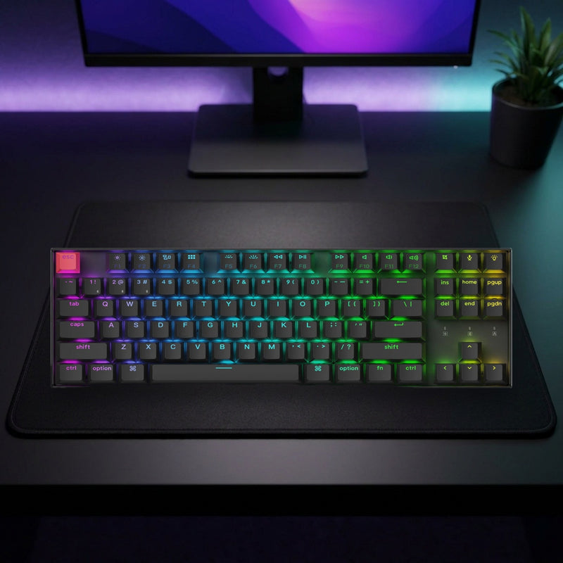 Lifestyle: Keychron K8 QMK V2 TKL Wireless Mechanical Keyboard | Bluetooth 5.2 + USB-C | Super Red Switches | RGB | 4000mAh | Black shown on a styled desk (actual product photo, room is illustrative)
