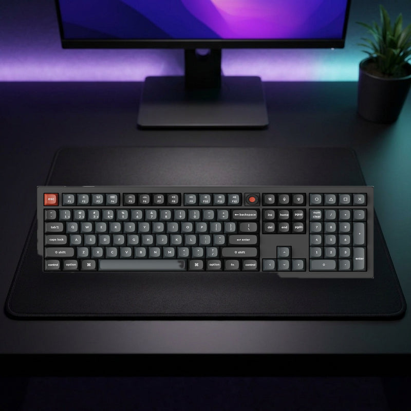 Lifestyle: Keychron V6 Ultra 8K Full-Size Wireless Mechanical Keyboard | 8000Hz | Tri-Mode | Hot-Swappable Red Switches | Gasket Mount | Black shown on a styled desk (actual product photo, room is illustrative)