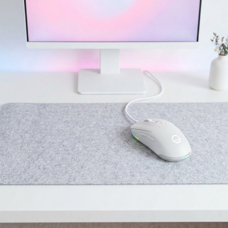 Lifestyle: Lorgar MSA10 Wired Gaming Mouse - White on a desk (illustrative image; the first photo shows the actual product)