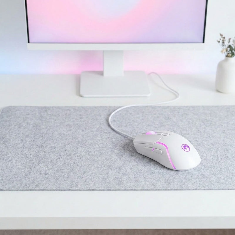 Lifestyle: Marvo M292 WH CAPO 20 Wired Gaming Mouse - White on a desk (illustrative image; the first photo shows the actual product)