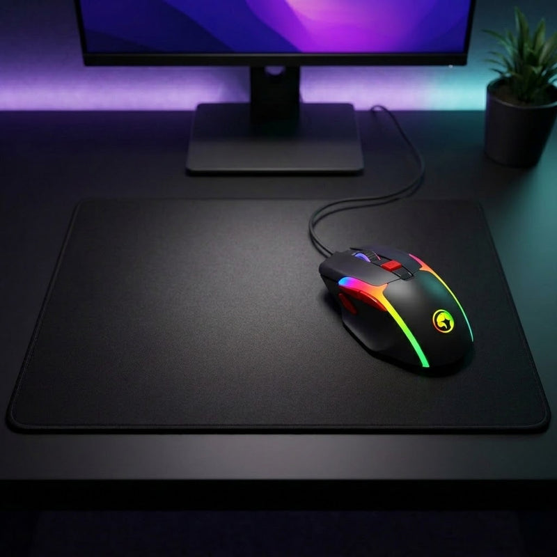 Lifestyle: Marvo M360 Tepo 70 Wired Gaming Mouse - Black on a desk (illustrative image; the first photo shows the actual product)