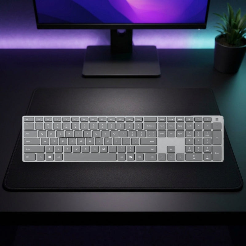 Lifestyle: Microsoft Surface Keyboard (2nd Edition) – Bluetooth, Copilot Key shown on a styled desk (actual product photo, room is illustrative)