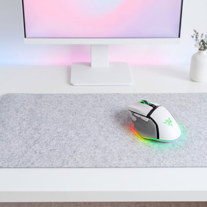 Lifestyle: Razer Basilisk V3 Pro White Edition Wireless Gaming Mouse on a desk (illustrative image; the first photo shows the actual product)