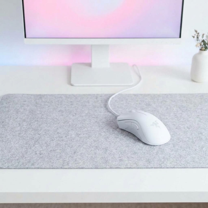 Lifestyle: Razer DeathAdder Essential Gaming Mouse - Mercury White on a desk (illustrative image; the first photo shows the actual product)