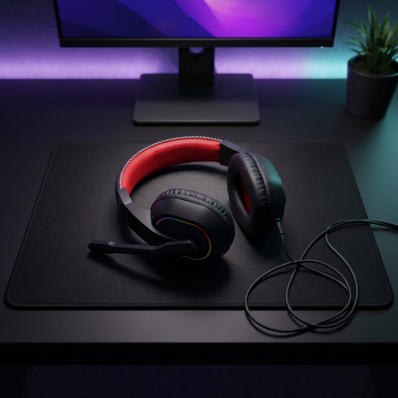 Lifestyle: Redragon H120 Ares RGB Wired Gaming Headset | 40mm Drivers | RGB Lighting | PC, PS5, Xbox, Switch | Black on a desk (illustrative image; the first photo shows the actual product)