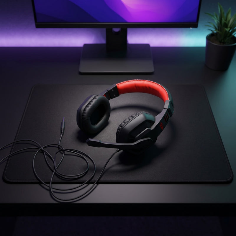 Lifestyle: Redragon H120 Ares Wired Gaming Headset | 40mm Drivers | Adjustable Mic | 3.5mm | Black on a desk (illustrative image; the first photo shows the actual product)
