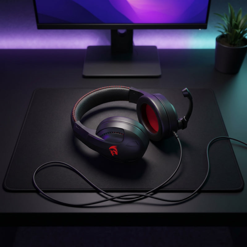 Lifestyle: Redragon H211 Cronus RGB Wired Gaming Headset | 40mm Drivers | Surround Sound | PC, PS5, Xbox, Switch | Black on a desk (illustrative image; the first photo shows the actual product)