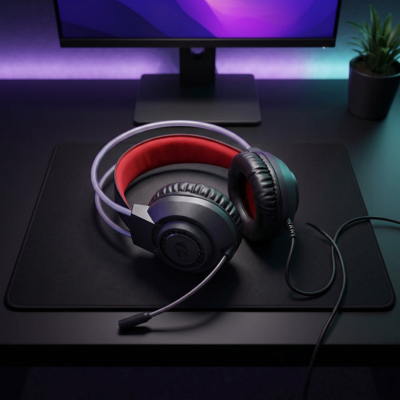 Lifestyle: Redragon H231 Scream RGB Wired Gaming Headset | 40mm Drivers | Noise-Cancelling Mic | PC, PS5, Xbox, Switch | Black on a desk (illustrative image; the first photo shows the actual product)