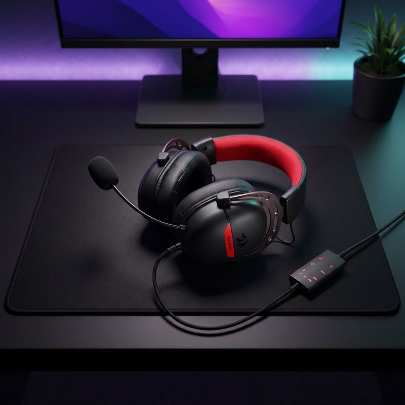 Lifestyle: Redragon H376 Aurora USB Gaming Headset | Virtual 7.1 Surround | 40mm Drivers | 3 EQ Modes | PC, PS5, Switch | Black on a desk (illustrative image; the first photo shows the actual product)