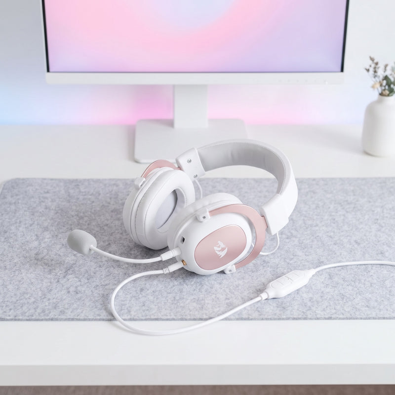Lifestyle: Redragon H510 Zeus 2 Wired Gaming Headset | Virtual 7.1 Surround | 53mm Drivers | Detachable Mic | USB + 3.5mm | White on a desk (illustrative image; the first photo shows the actual product)