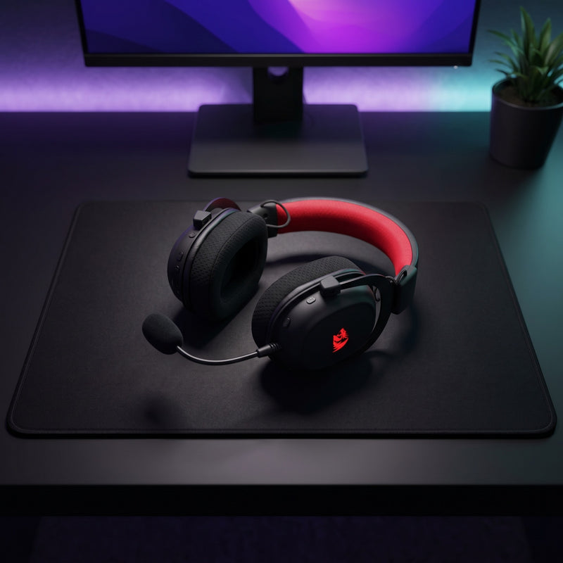 Lifestyle: Redragon H510 Zeus Pro Wireless Gaming Headset | 7.1 Surround | 2.4GHz + Bluetooth 5.2 + USB | 53mm Drivers | Black on a desk (illustrative image; the first photo shows the actual product)
