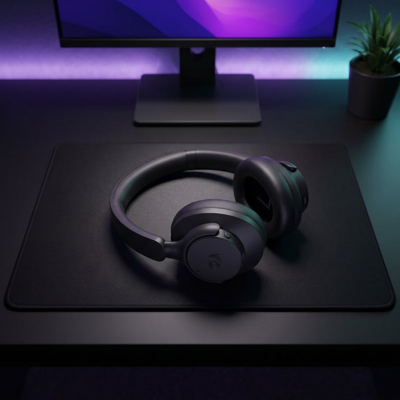 Lifestyle: Redragon H610 Vibecore ANC Wireless Headphones | Active Noise Cancelling | Bluetooth + 3.5mm | Built-in Mic | Black on a desk (illustrative image; the first photo shows the actual product)