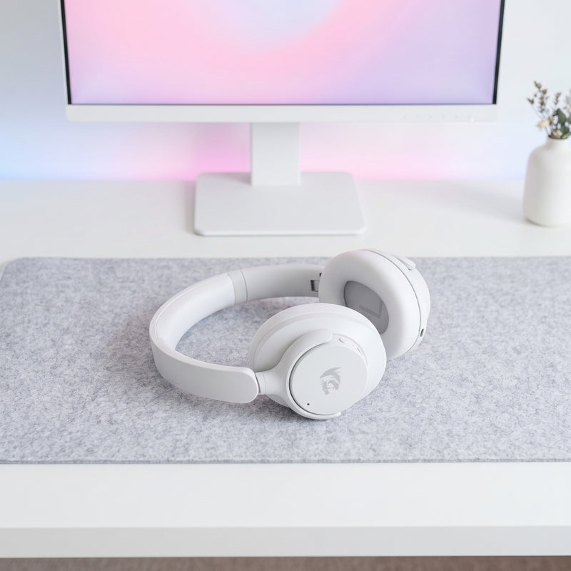 Lifestyle: Redragon H610 Vibecore ANC Wireless Headphones | Active Noise Cancelling | Bluetooth + 3.5mm | Built-in Mic | White on a desk (illustrative image; the first photo shows the actual product)