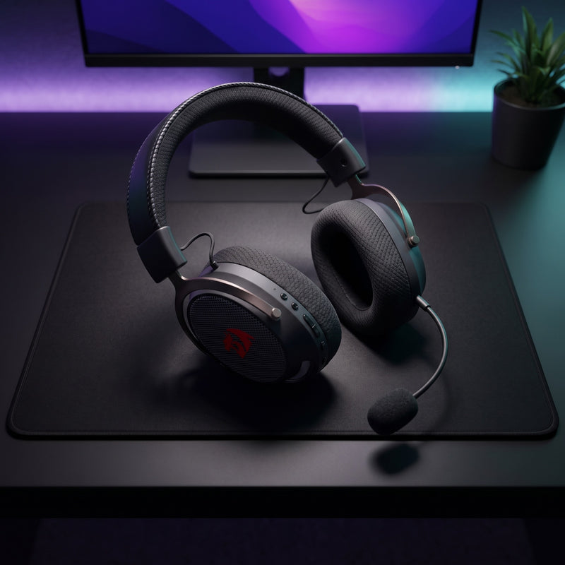 Lifestyle: Redragon H858 Arrow Pro Wireless Gaming Headset | Virtual 7.1 | 2.4GHz + Bluetooth + USB-C/3.5mm | 53mm Drivers | Low Latency on a desk (illustrative image; the first photo shows the actual product)