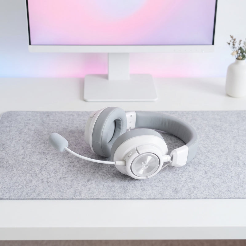 Lifestyle: Redragon H889W Spectra Pro Wireless Gaming Headset | Virtual 7.1 | 2.4GHz + Bluetooth + USB + 3.5mm | 53mm Drivers | White on a desk (illustrative image; the first photo shows the actual product)