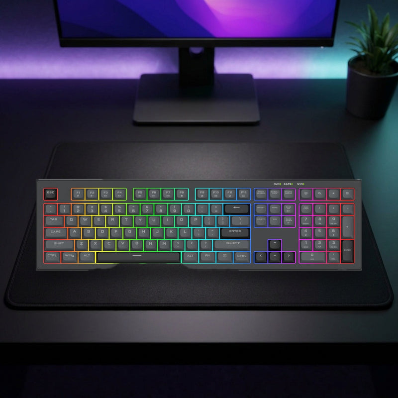 Lifestyle: Redragon K518 Crux RGB Membrane Gaming Keyboard | Full-Size 108 Keys | 4 Shortcut Keys | Black shown on a styled desk (actual product photo, room is illustrative)