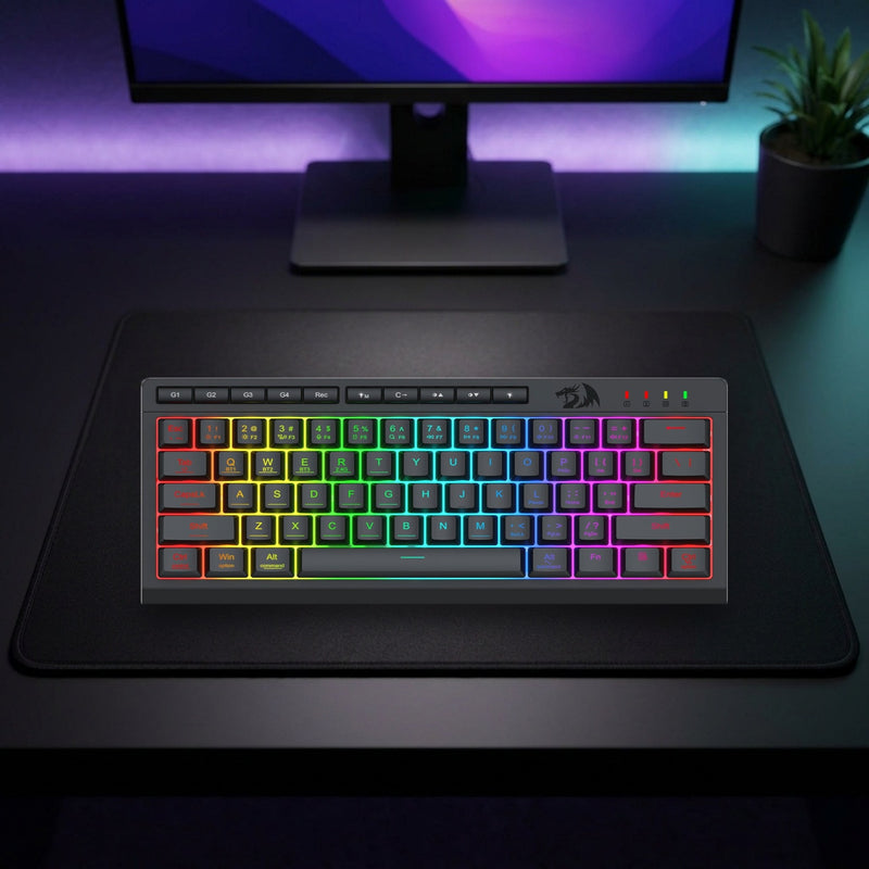 Lifestyle: Redragon K522 Pro Shiva RGB Wireless Membrane Gaming Keyboard | Tri-Mode | 4000mAh Battery | Macro & Media Keys | Black shown on a styled desk (actual product photo, room is illustrative)