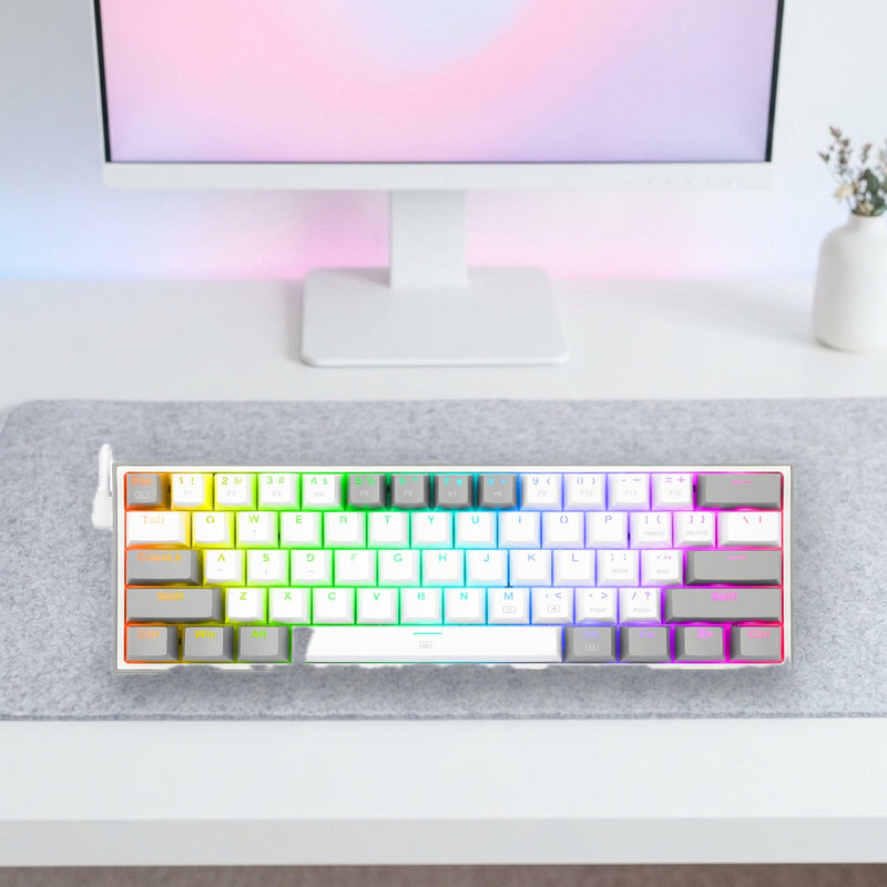 Lifestyle: Redragon K617 Fizz 60% RGB Mechanical Gaming Keyboard | Hot-Swappable Red Switches | 61 Keys | USB-C | White/Grey shown on a styled desk (actual product photo, room is illustrative)