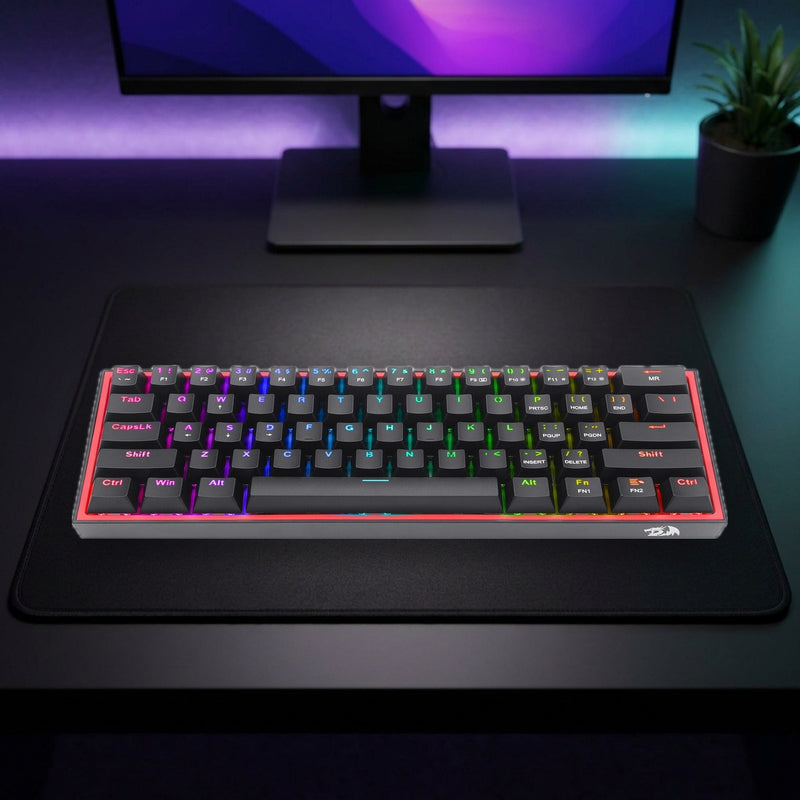 Lifestyle: Redragon K617 Fizz 60% RGB Mechanical Gaming Keyboard | Hot-Swappable Red Switches | 61 Keys | USB-C | Black shown on a styled desk (actual product photo, room is illustrative)