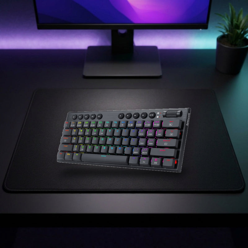 Lifestyle: Redragon K632 Horus Mini 60% Low-Profile RGB Mechanical Gaming Keyboard | Hot-Swappable Red Switches | USB-C | Black shown on a styled desk (actual product photo, room is illustrative)
