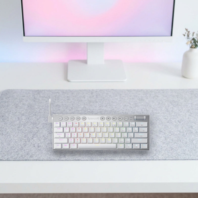 Lifestyle: Redragon K632 Horus Mini 60% Low-Profile RGB Mechanical Gaming Keyboard | Hot-Swappable Red Switches | USB-C | White shown on a styled desk (actual product photo, room is illustrative)