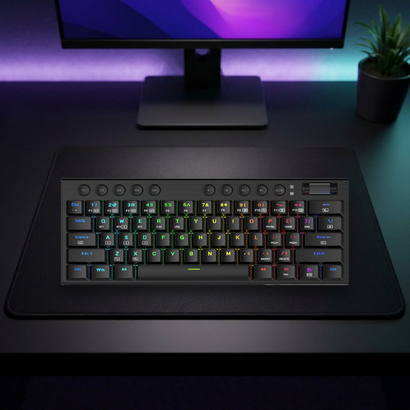 Lifestyle: Redragon K632 Pro Horus Mini 60% Low-Profile RGB Wireless Mechanical Gaming Keyboard | Tri-Mode | Hot-Swappable Red Switches | Black shown on a styled desk (actual product photo, room is illustrative)