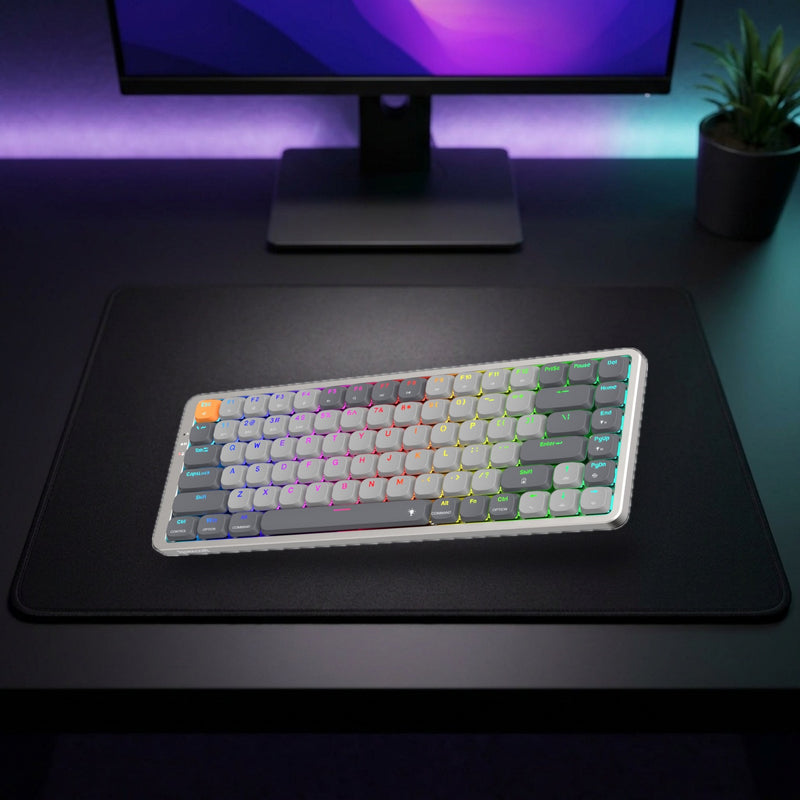 Lifestyle: Redragon K652 Pro Azure 75% Low-Profile RGB Wireless Mechanical Gaming Keyboard | 84 Keys | Tri-Mode | Aluminium Top Plate shown on a styled desk (actual product photo, room is illustrative)