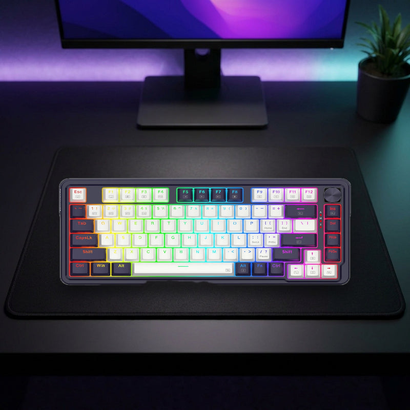 Lifestyle: Redragon K673 Pro Ucal 75% RGB Wireless Mechanical Gaming Keyboard | 81 Keys | Gasket Mount | Tri-Mode | Control Knob | Black shown on a styled desk (actual product photo, room is illustrative)