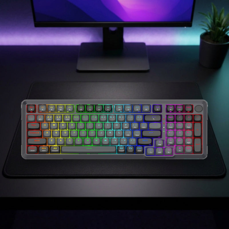 Lifestyle: Redragon K688 Pro Bragi RGB Wireless Mechanical Gaming Keyboard | 98+1 Keys | Gasket Mount | Tri-Mode | Cream Linear Switches | Black shown on a styled desk (actual product photo, room is illustrative)