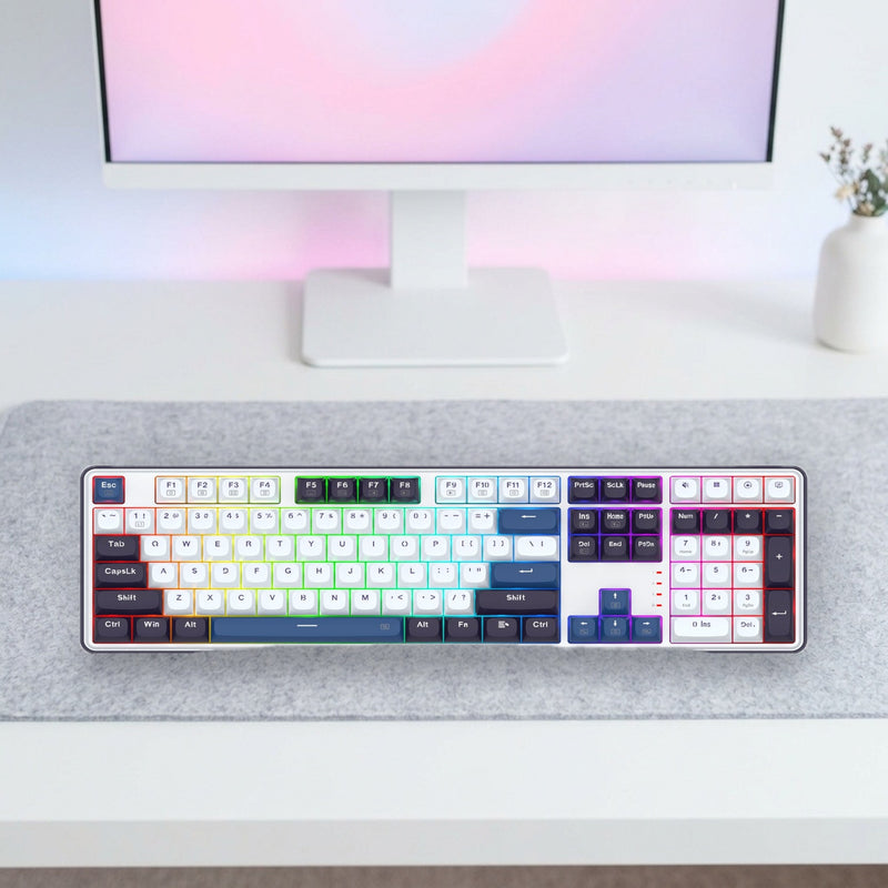 Lifestyle: Redragon K689 Wyvern RGB Mechanical Gaming Keyboard | Full-Size 108 Keys | Gasket Mount | Hot-Swappable Linear Switches | White/Black shown on a styled desk (actual product photo, room is illustrative)