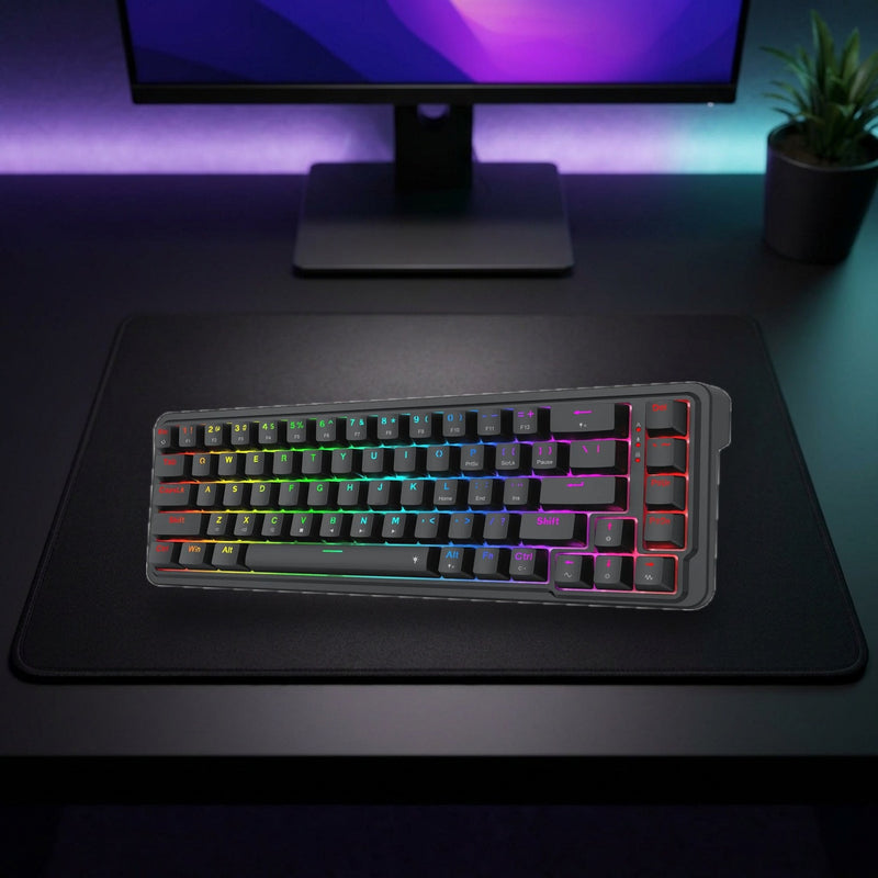 Lifestyle: Redragon K709 Nova 65% RGB Mechanical Gaming Keyboard | Gasket Mount | Hot-Swappable Linear Switches | 68 Keys | Black shown on a styled desk (actual product photo, room is illustrative)