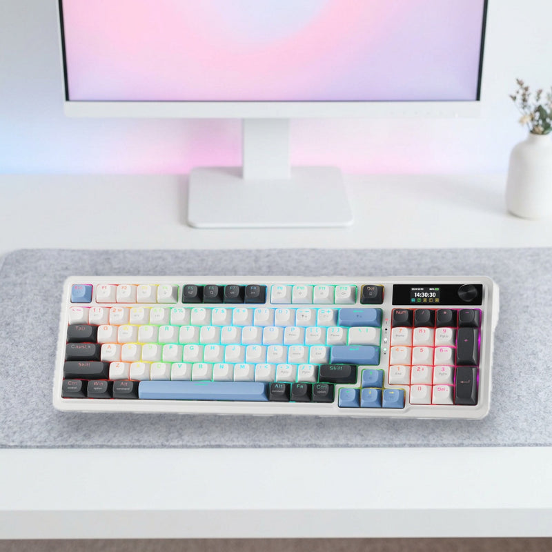 Lifestyle: Redragon K719 Pro Galatin RGB Wireless Mechanical Gaming Keyboard | 98+1 Keys | Gasket Mount | Tri-Mode | 4000mAh | White shown on a styled desk (actual product photo, room is illustrative)