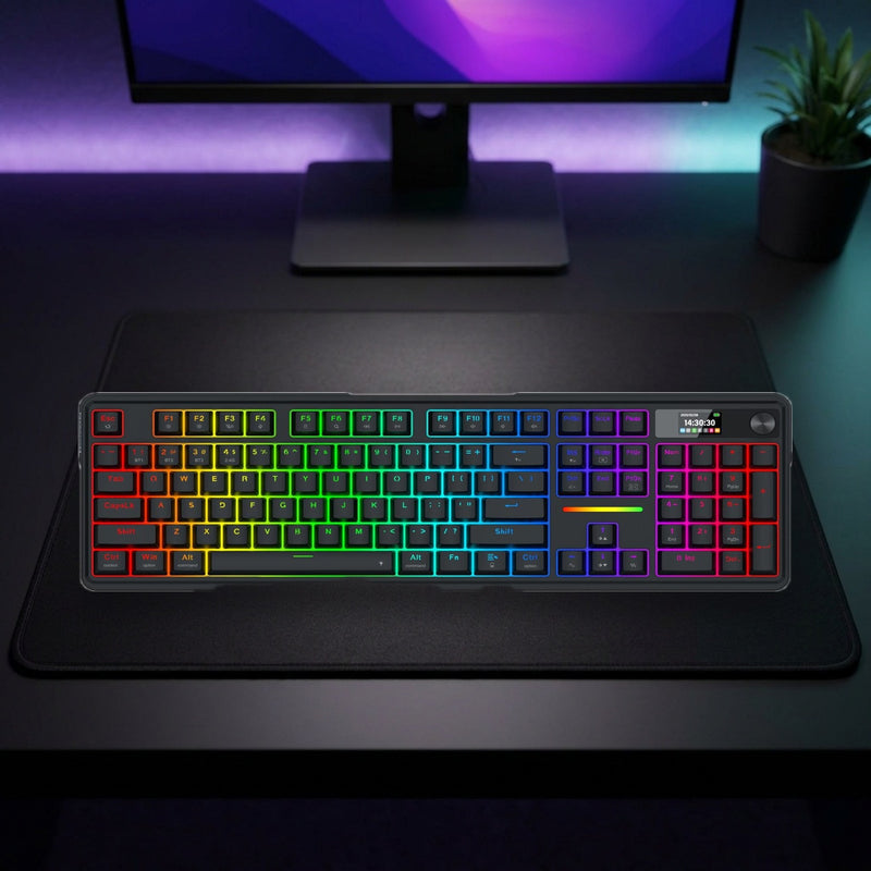 Lifestyle: Redragon K762 Pro Terraflare RGB Wireless Mechanical Gaming Keyboard | Full-Size | Gasket Mount | Tri-Mode | Black shown on a styled desk (actual product photo, room is illustrative)