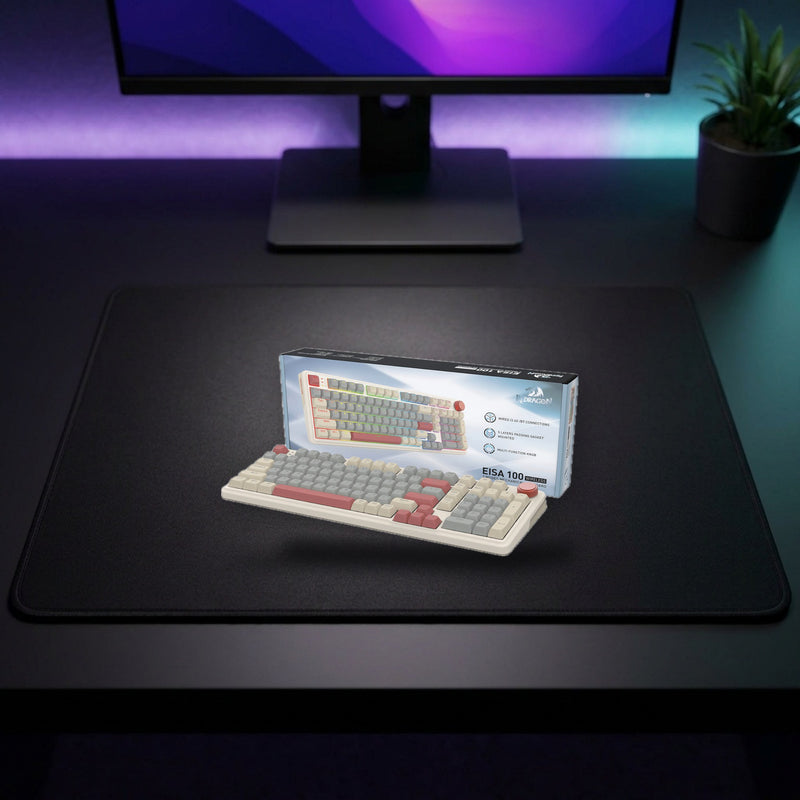 Lifestyle: Redragon K768 Eisa 100 Retro RGB Wireless Mechanical Gaming Keyboard | 100 Keys | Tri-Mode | Gasket Mount | 8000mAh | Cream/Grey shown on a styled desk (actual product photo, room is illustrative)
