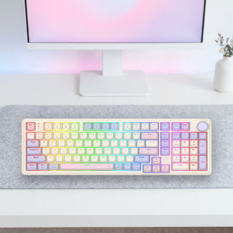 Lifestyle: Redragon K768 Eisa 100 RGB Wireless Mechanical Gaming Keyboard | 96% Layout | Tri-Mode | Gasket Mount | 8000mAh | Lilac shown on a styled desk (actual product photo, room is illustrative)