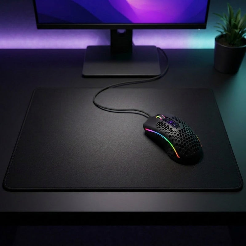 Lifestyle: Redragon M808 Storm RGB Lightweight Wired Gaming Mouse | 12400 DPI, 85g, Black on a desk (illustrative image; the first photo shows the actual product)