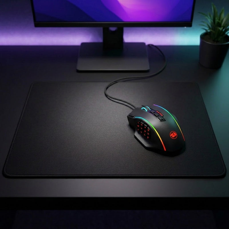 Lifestyle: Redragon M901 Perdition 4 RGB MMO Wired Gaming Mouse | 12400 DPI, 19 Buttons, Black on a desk (illustrative image; the first photo shows the actual product)