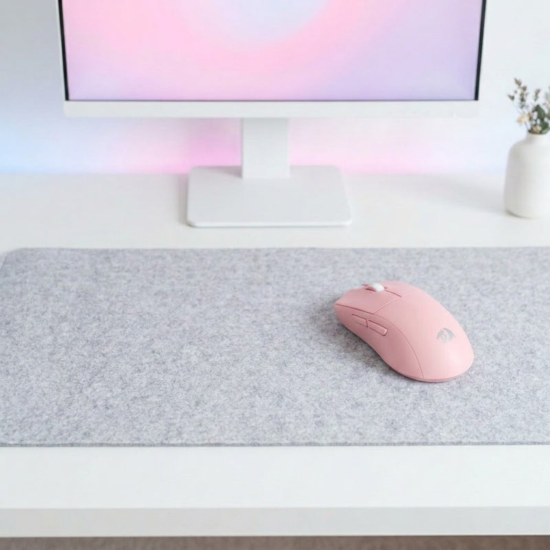 Lifestyle: Redragon M916 Pro 1K 3-Mode Wireless Gaming Mouse | 26000 DPI, 49g, Pink on a desk (illustrative image; the first photo shows the actual product)