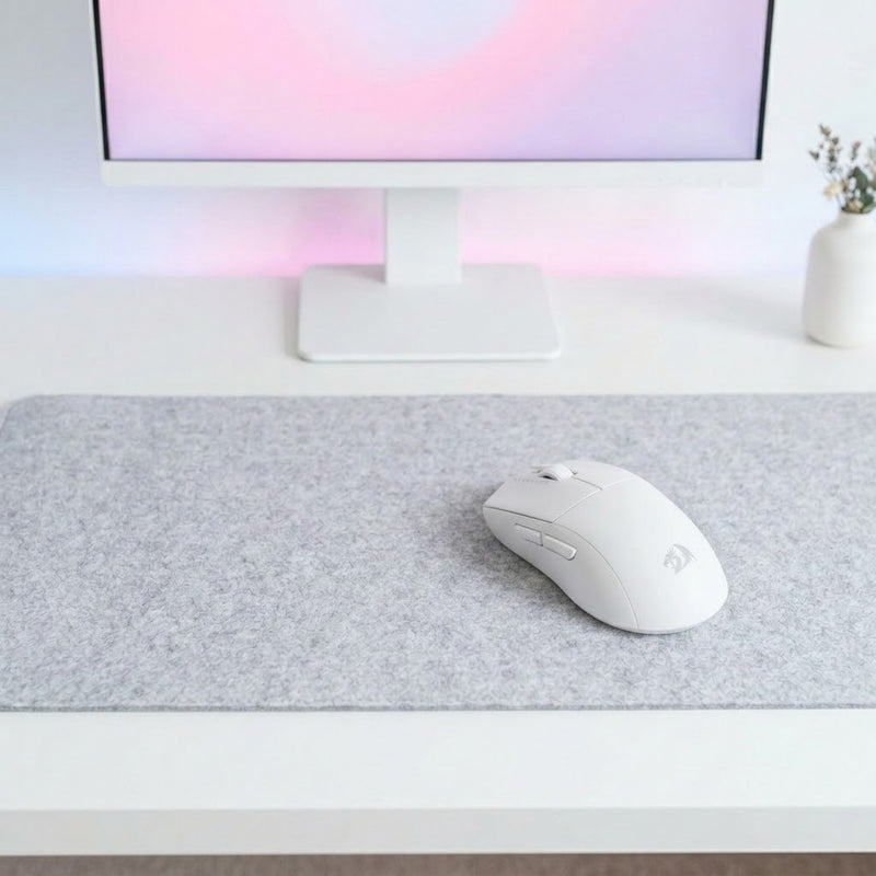 Lifestyle: Redragon M916 Pro 1K 3-Mode Wireless Gaming Mouse | 26000 DPI, 49g, White on a desk (illustrative image; the first photo shows the actual product)